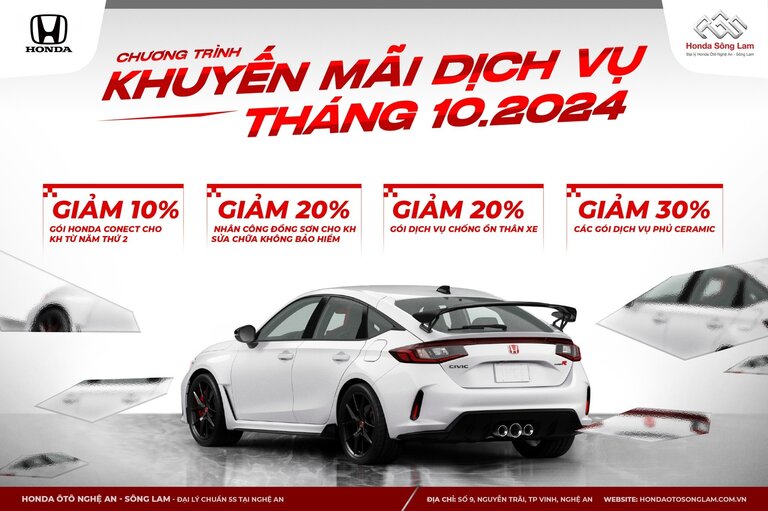 CHƯƠNG TRÌNH KHUYẾN MÃI DỊCH VỤ THÁNG 10/2024 TẠI HONDA ÔTÔ NGHỆ AN - SÔNG LAM